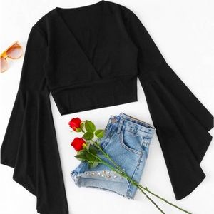 Black Cropped Deep-V Long Sleeve Top